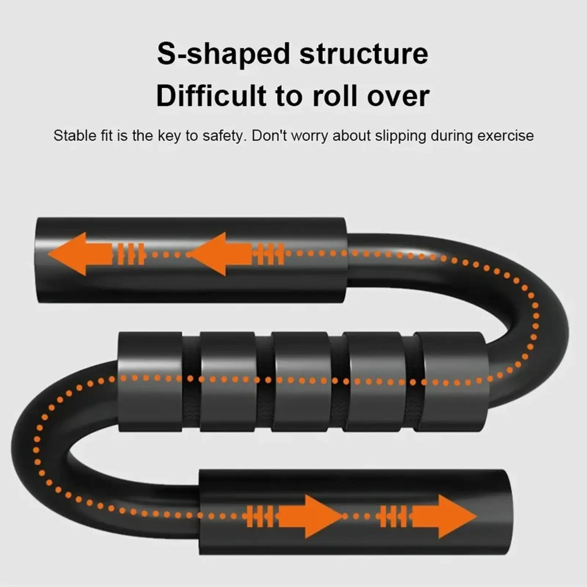 Black s-shaped push up bars with non-slip segmented design and orange directional arrows for fitness handles use