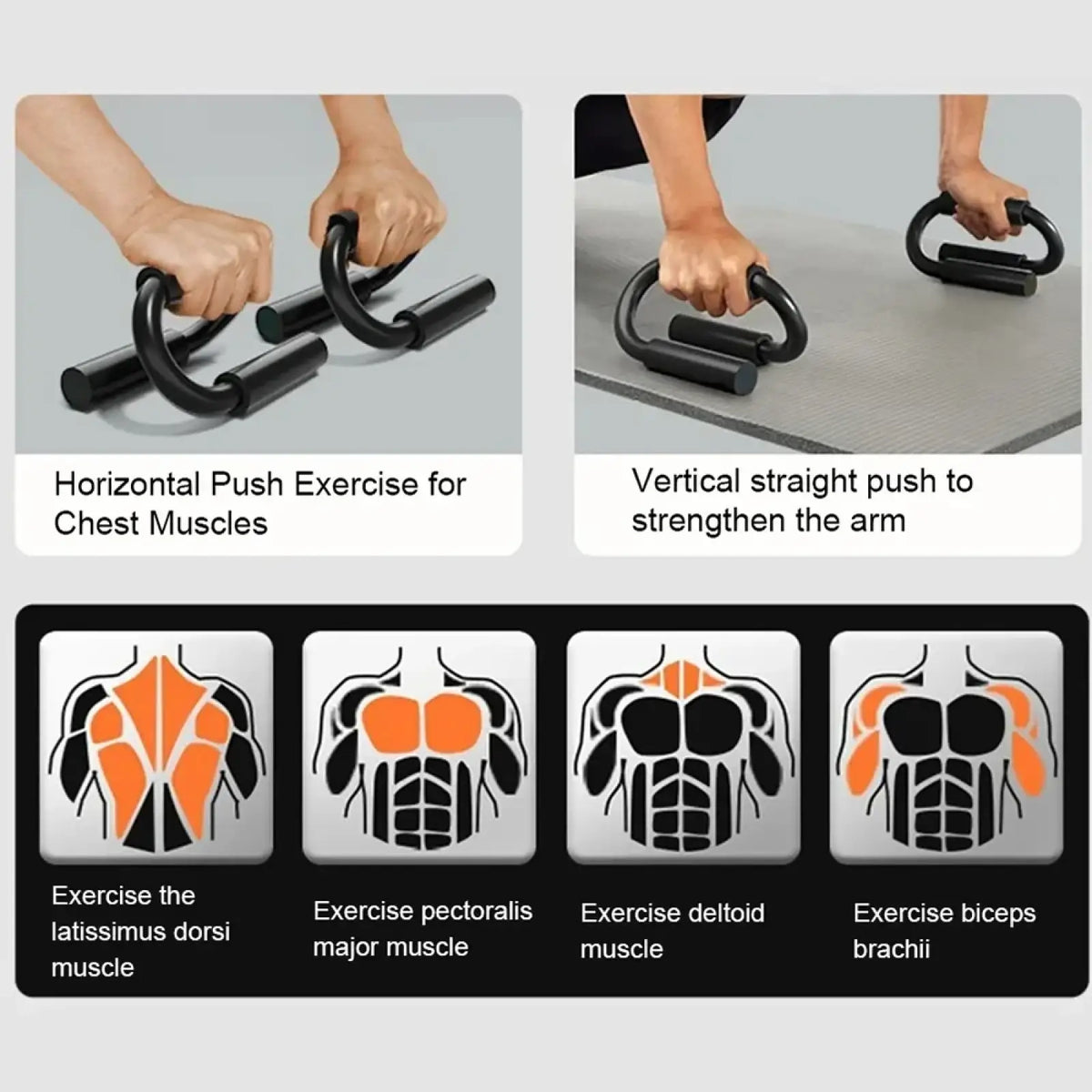 Black rubber-handled s-shaped push-up bars with non-slip fitness handles for targeted chest and arm muscle training