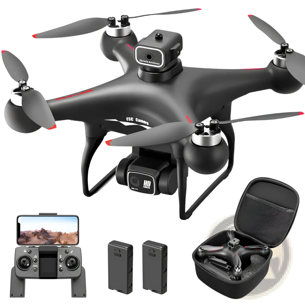 Black S116 dual camera drone with red propeller accents and hd optical flow positioning showing esc camera label