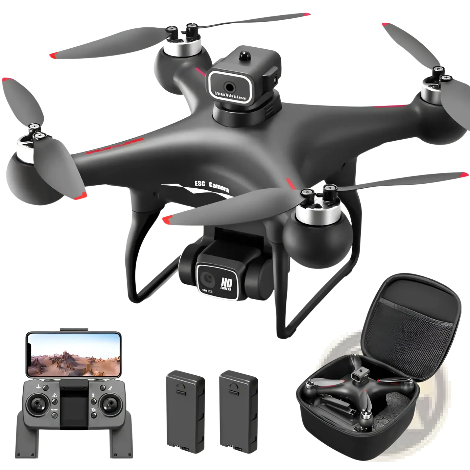 Black S116 dual camera drone with red propeller accents and hd optical flow positioning showing esc camera label