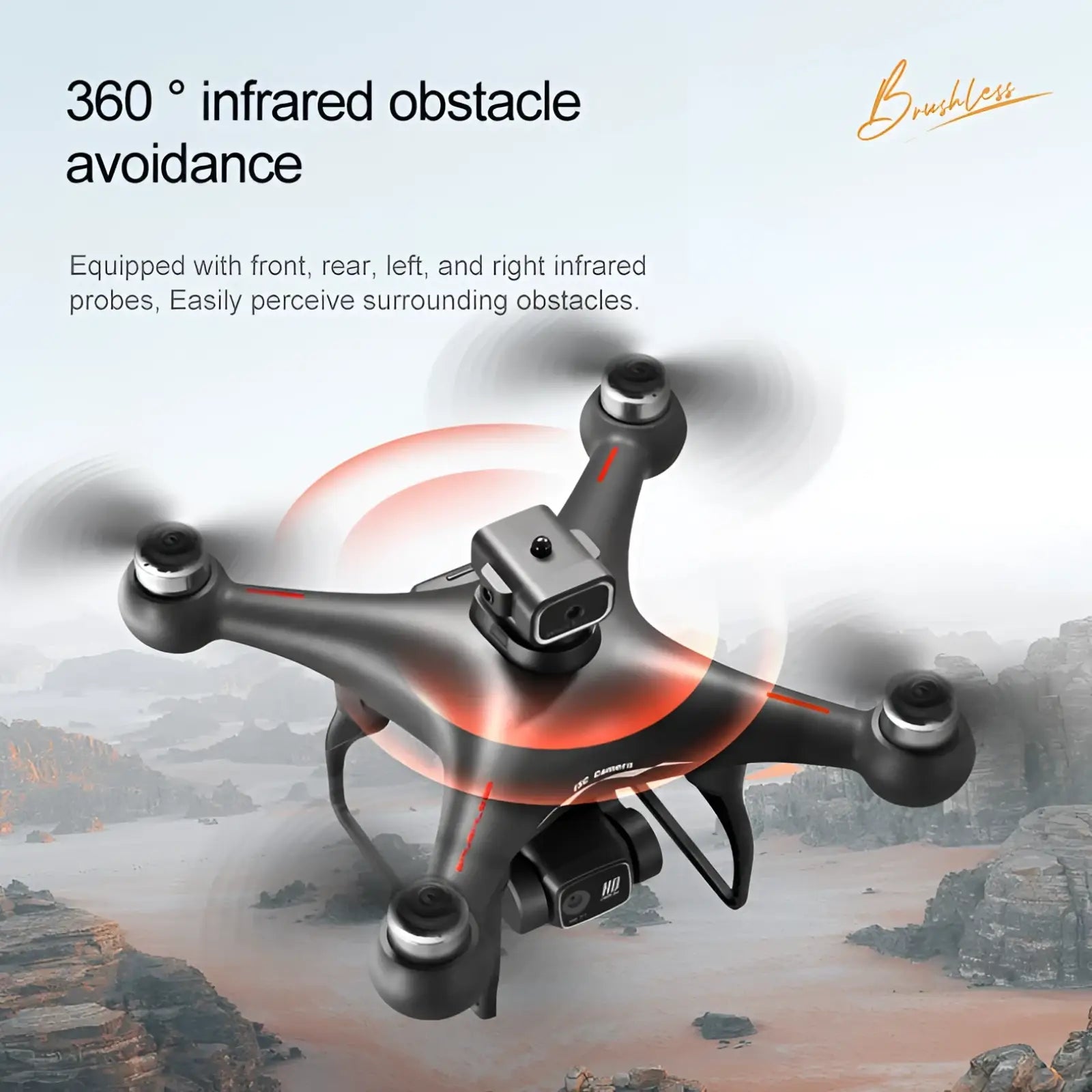 Black S116 dual camera drone with red accents featuring brushless motors and HD optical flow positioning camera