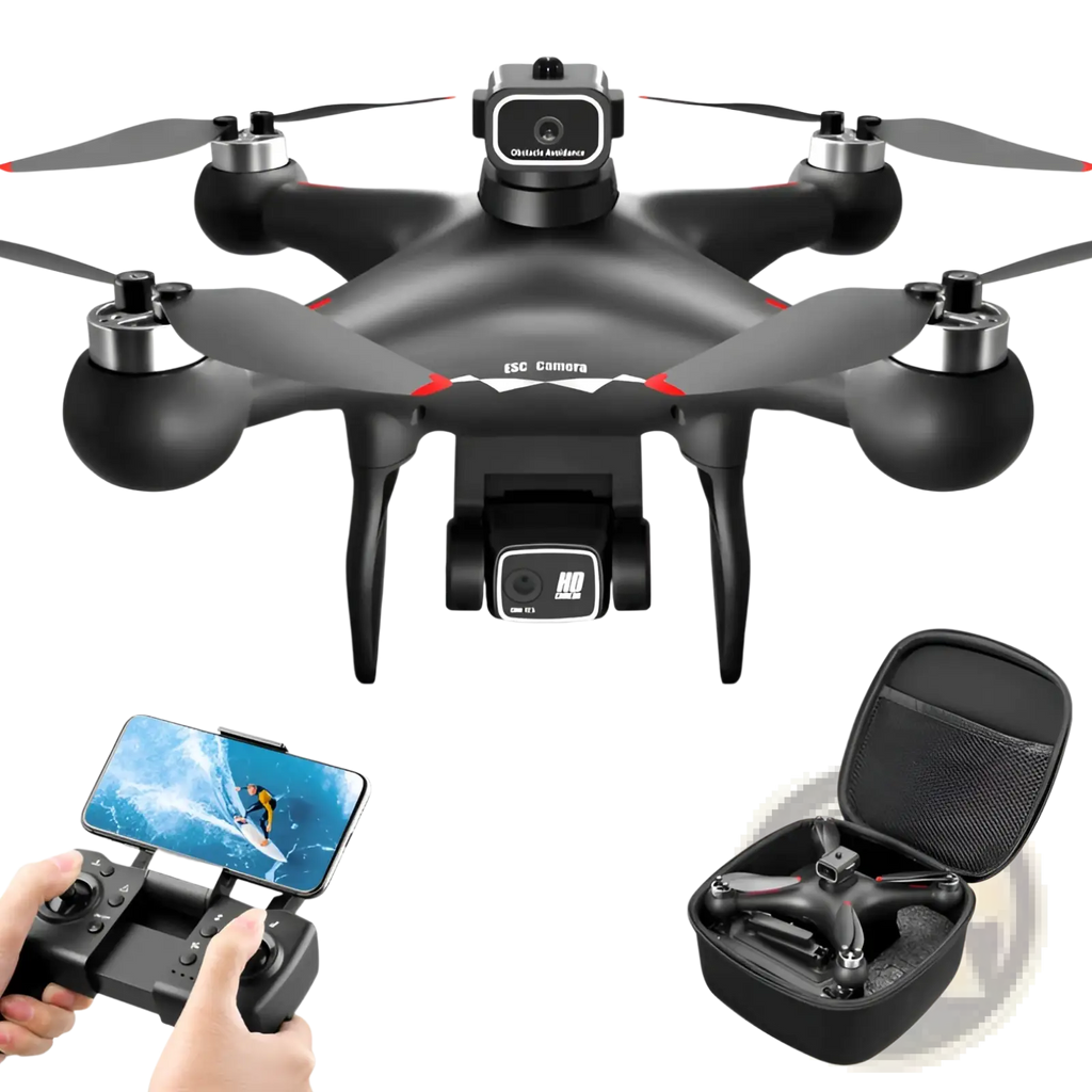 Black s116 dual camera drone with red accents featuring hd optical flow positioning and brushless power system