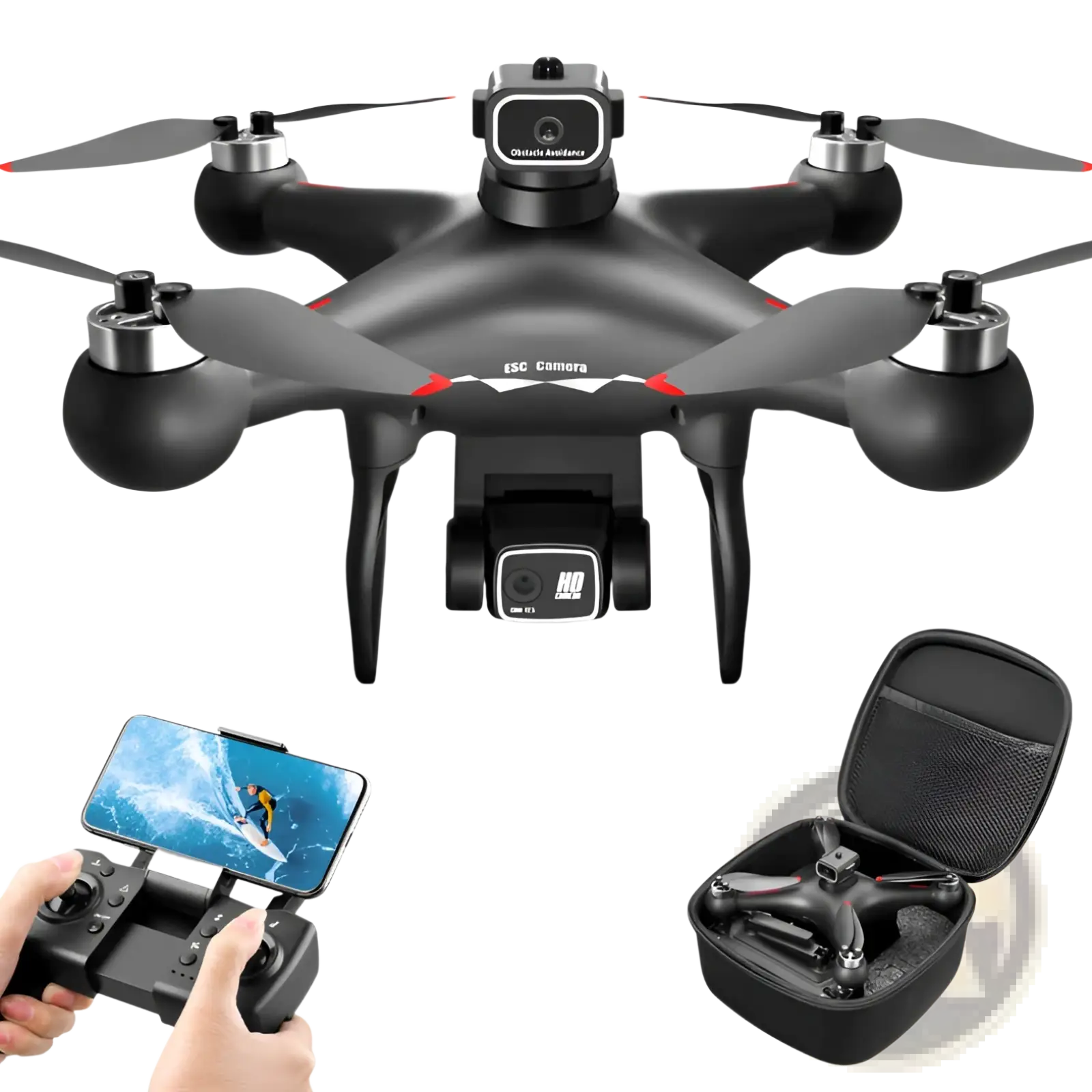 Black s116 dual camera drone with red accents featuring hd optical flow positioning and brushless power system