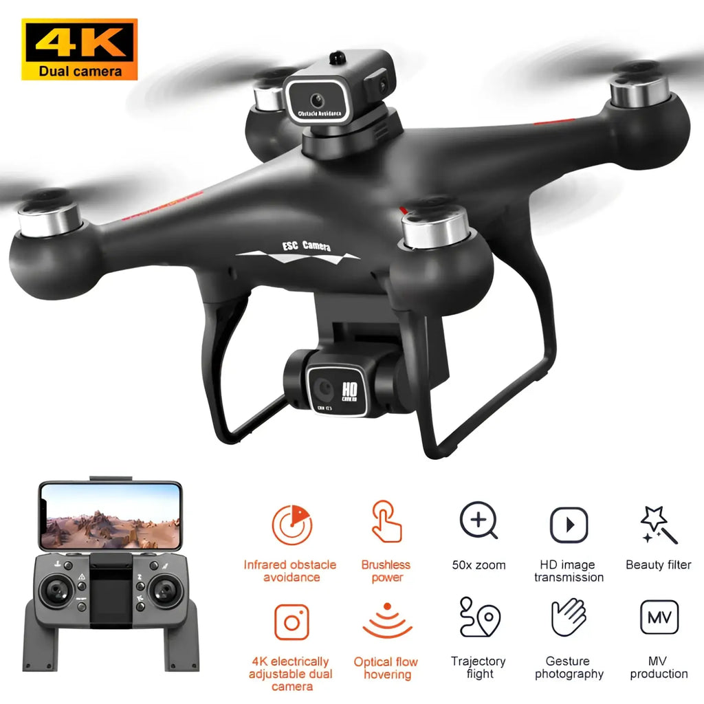 Black S116 dual camera drone with 4k dual camera system and silver propeller hubs for hd optical flow positioning