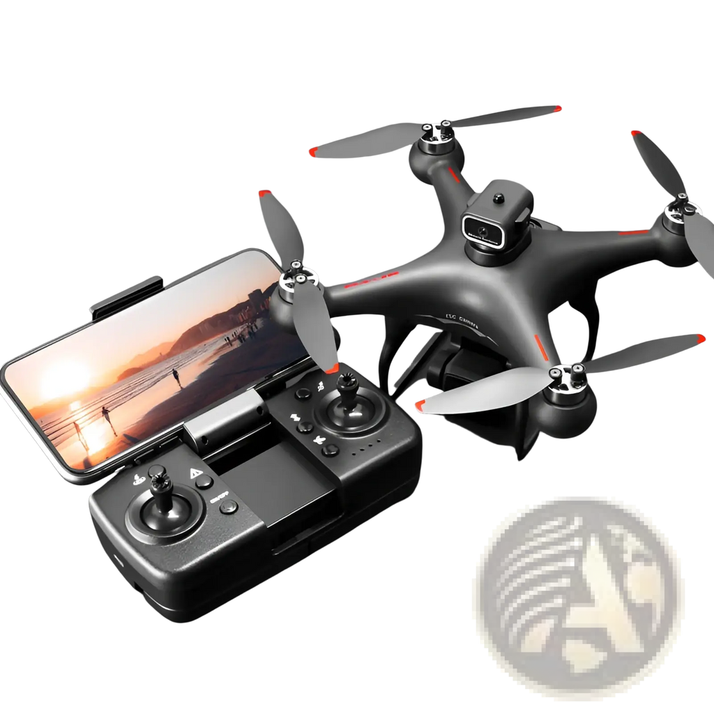 Black quadcopter drone with red propeller accents and dual camera featuring HD optical flow positioning S116 model