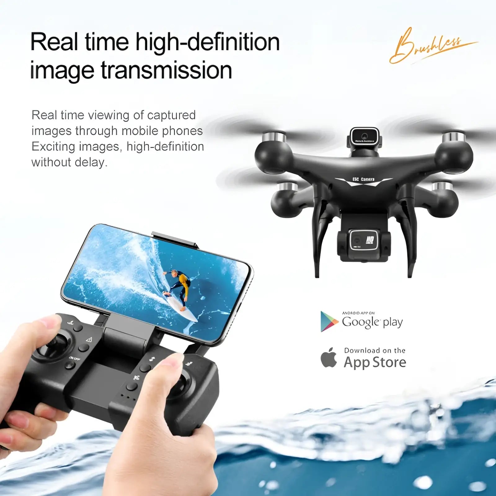 Black brushless s116 dual camera drone with hd optical flow positioning and four propellers shown with remote control