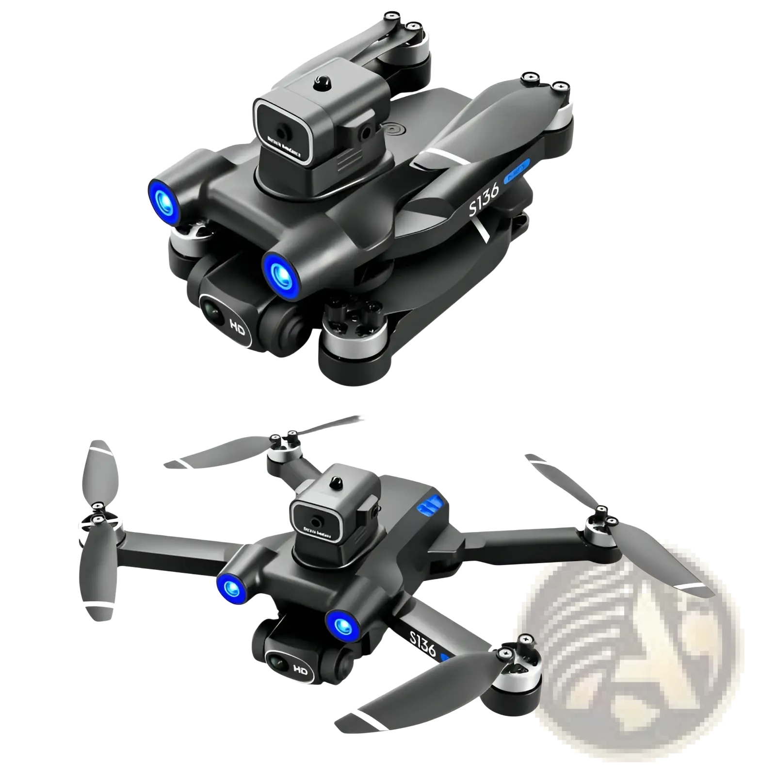 Black s136 gps mini drone with blue led lights and dual hd camera mounted on top for aerial photography