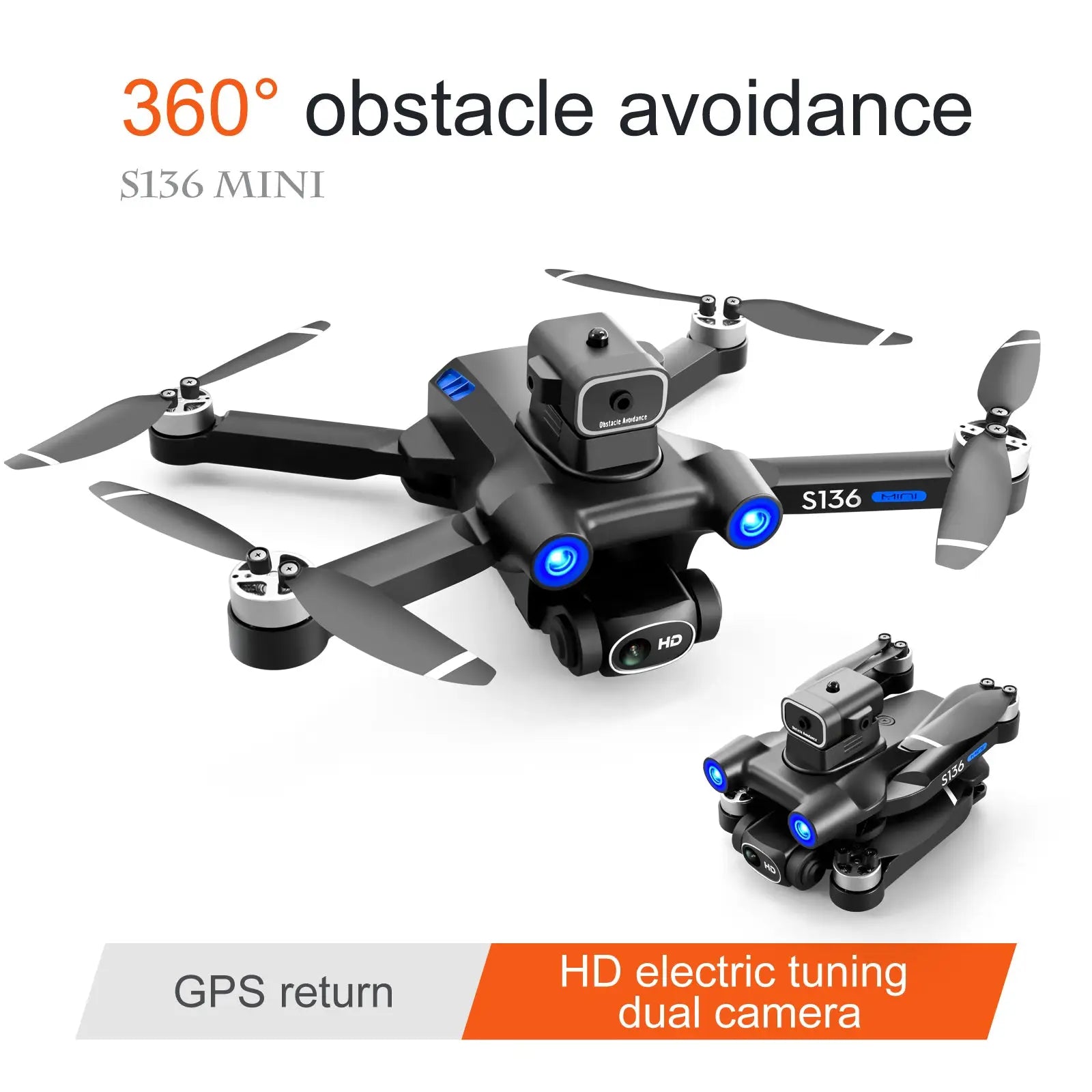 Black s136 gps mini drone with blue led lights and dual hd camera system for high-quality aerial photography