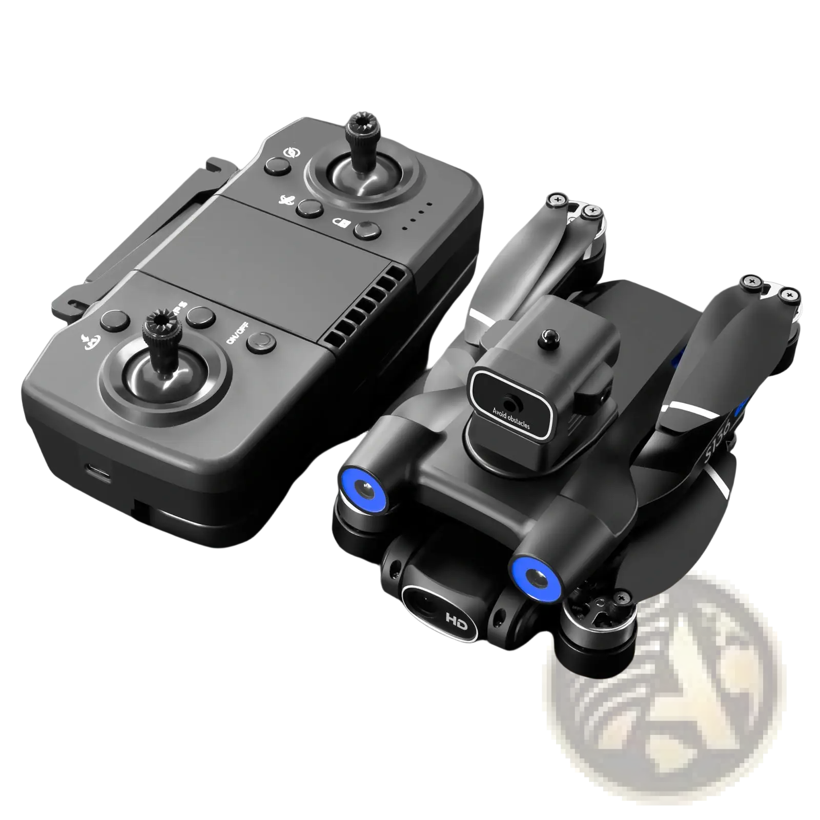Black foldable s136 gps mini drone with blue led lights on legs and dual hd camera mounted on top