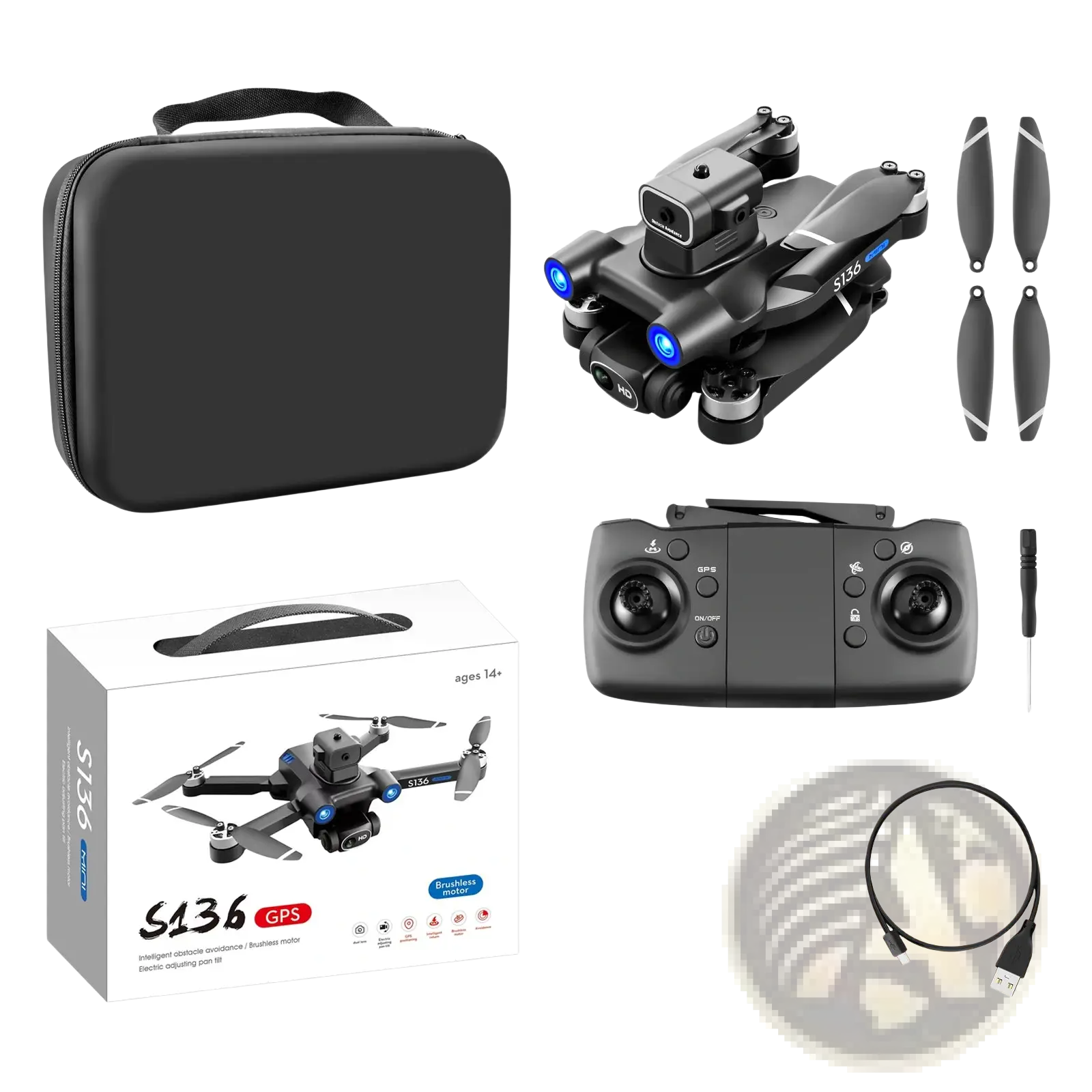 Black s136 gps mini drone with blue led lights and dual hd camera mounted on top for aerial photography