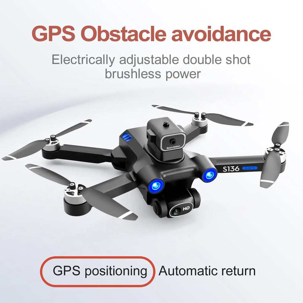 Black s136 gps mini drone quadcopter with blue led lights and a dual hd camera mounted on its front panel