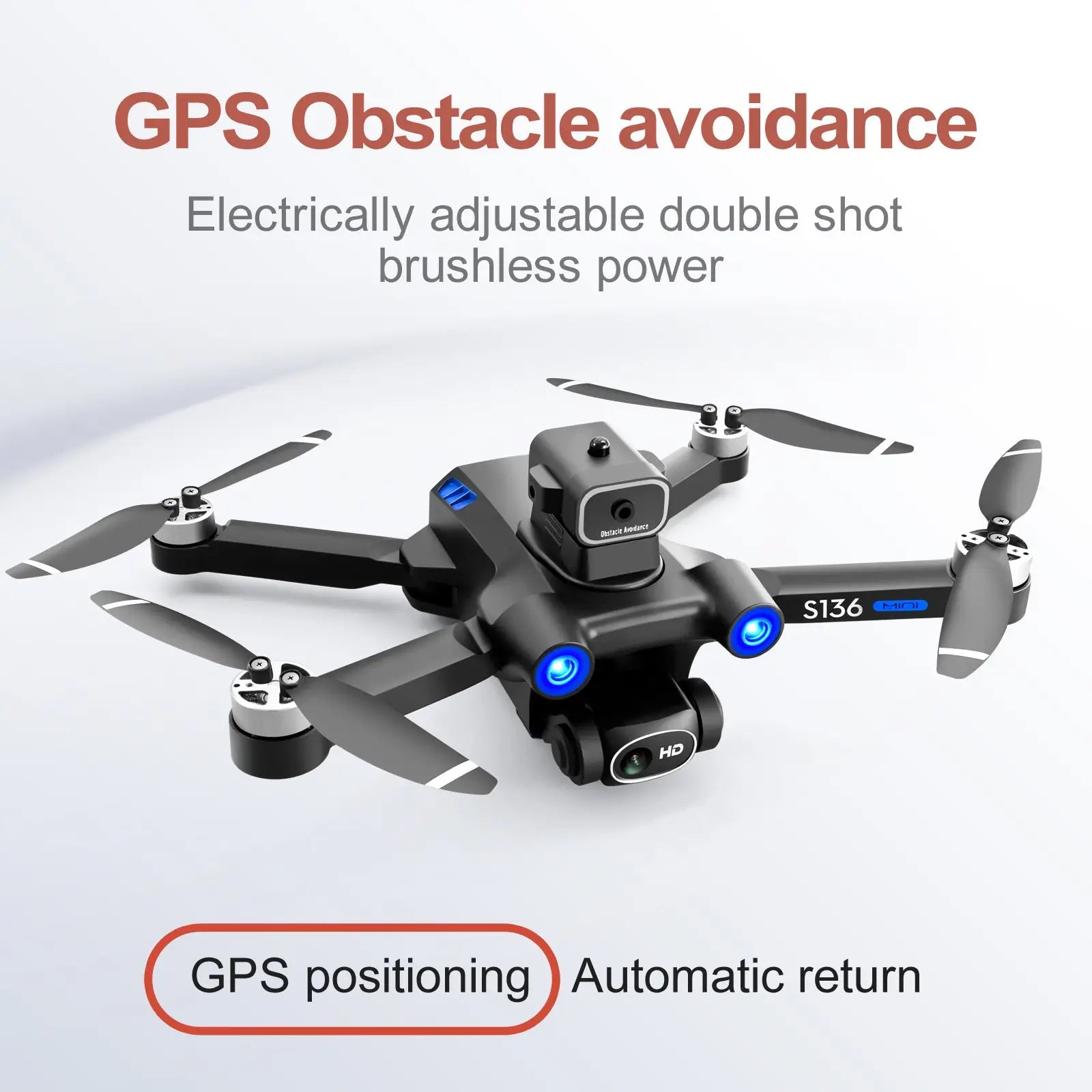 Black s136 gps mini drone quadcopter with blue led lights and a dual hd camera mounted on its front panel
