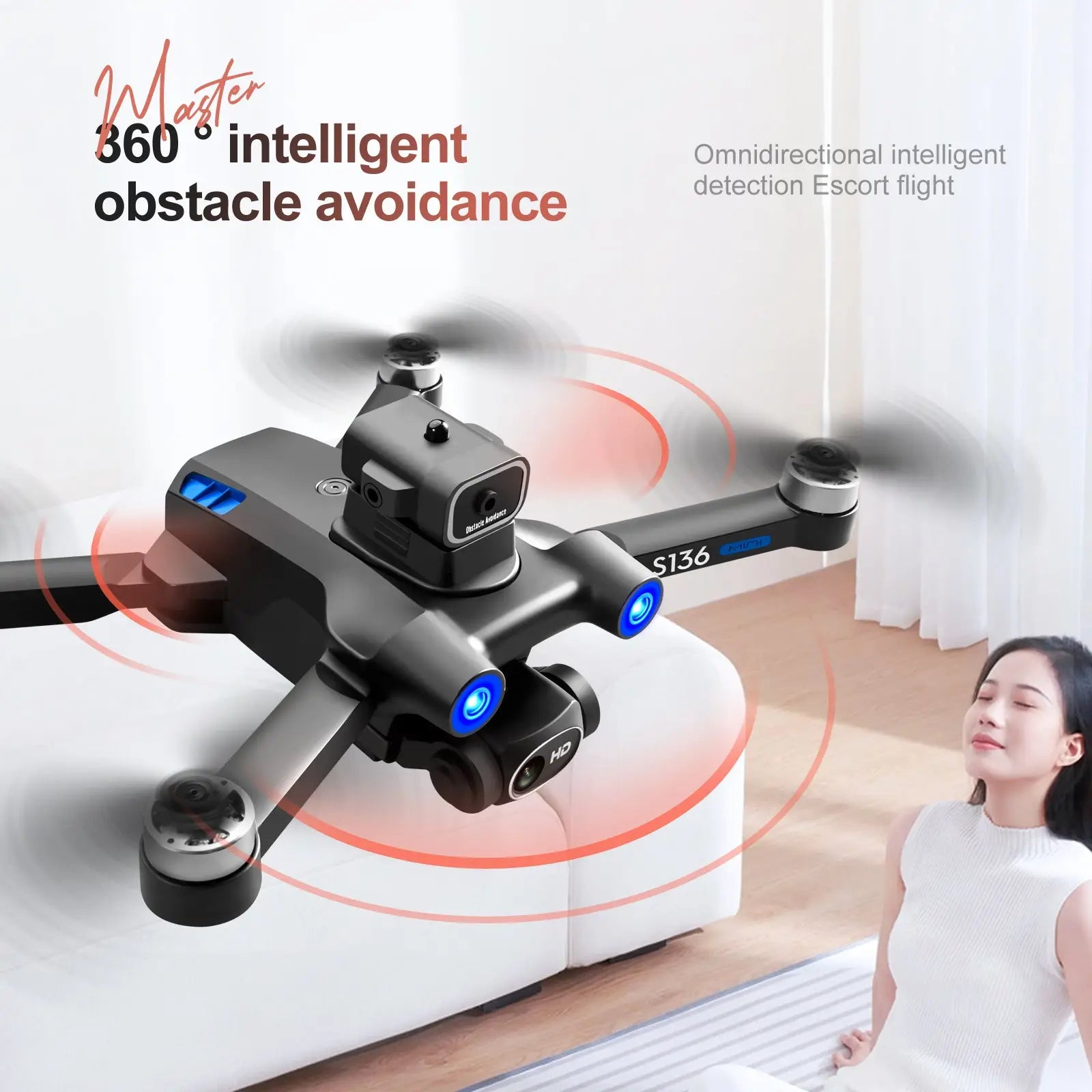 Black and silver s136 gps mini drone quadcopter with dual hd camera and blue led lights on its arms
