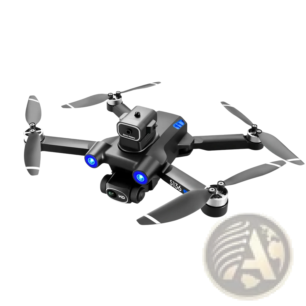 Black and gray s136 gps mini drone quadcopter with dual hd camera and blue led lights on the arms visible from front