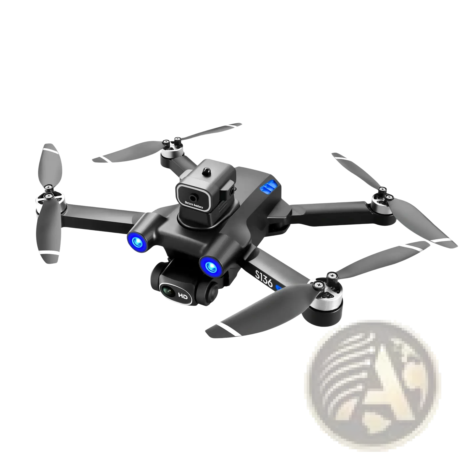 Black and gray s136 gps mini drone quadcopter with dual hd camera and blue led lights on the arms visible from front