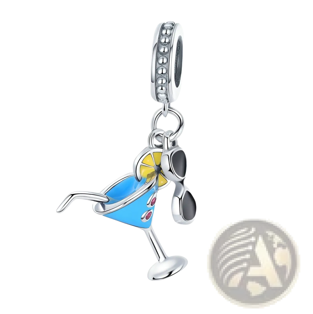 S925 sterling silver summer cocktail charm with blue enamel, yellow lemon slice, and black sunglasses for bracelets
