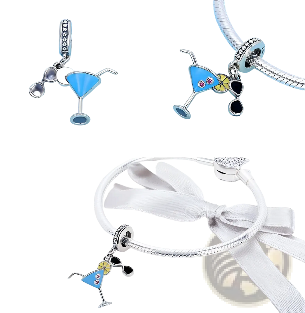 S925 sterling silver summer cocktail drink charm with blue enamel lemon slice and black sunglasses on bracelet
