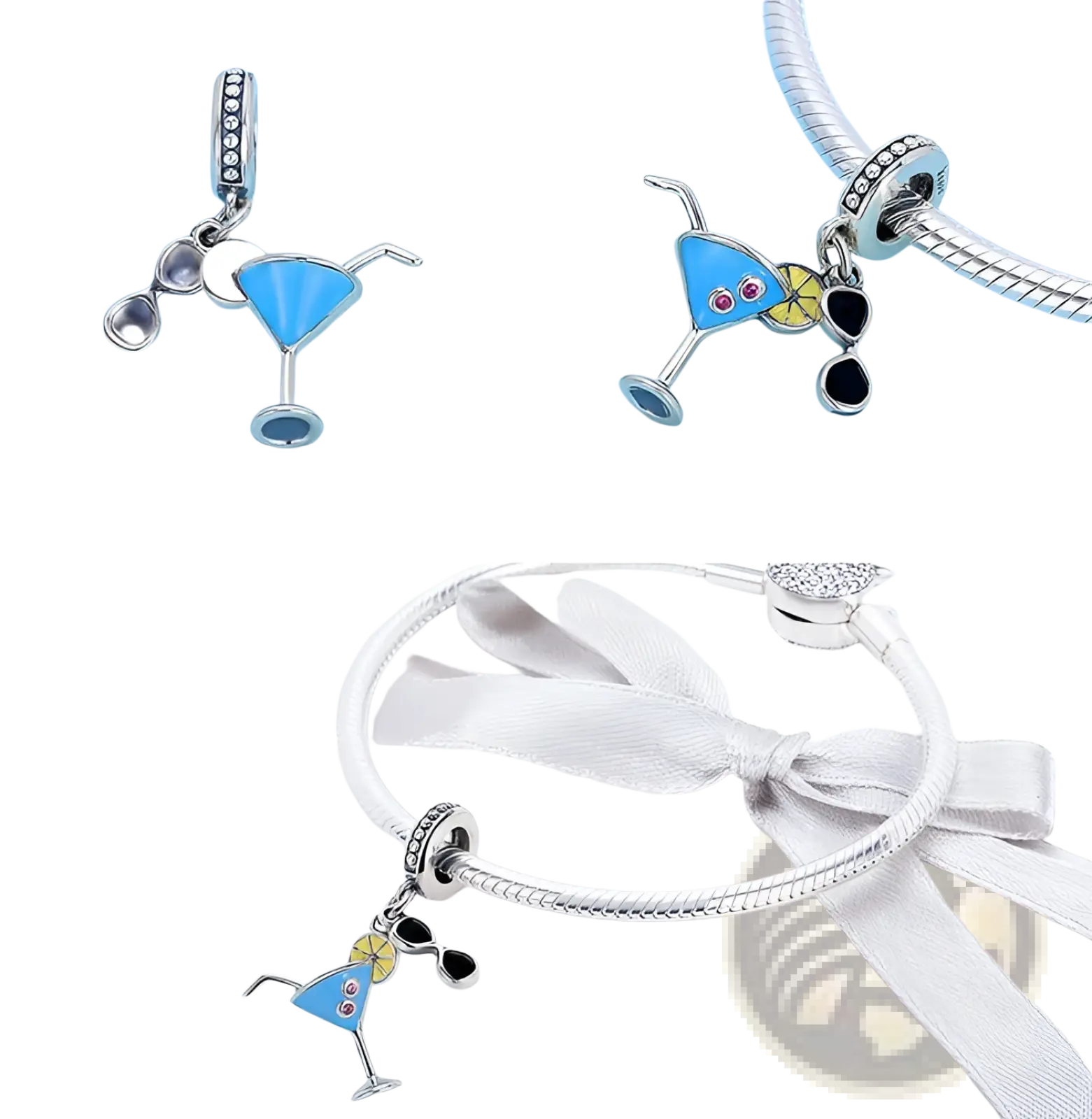 S925 sterling silver summer cocktail drink charm with blue enamel lemon slice and black sunglasses on bracelet
