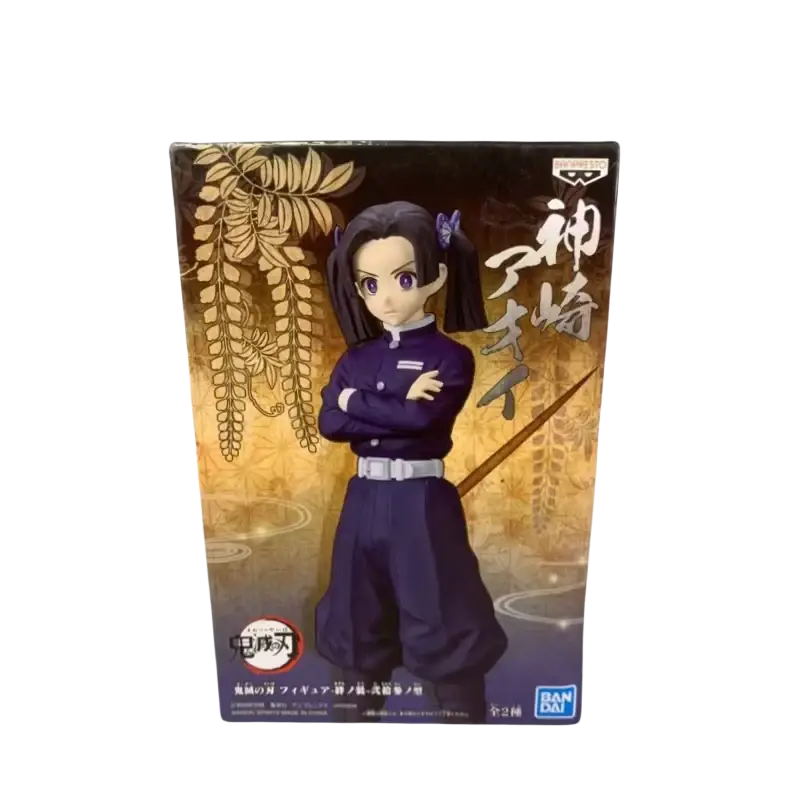 Purple-haired sabito makomo tsuyuri pvc action figure in dark blue uniform with silver belt inside packaging