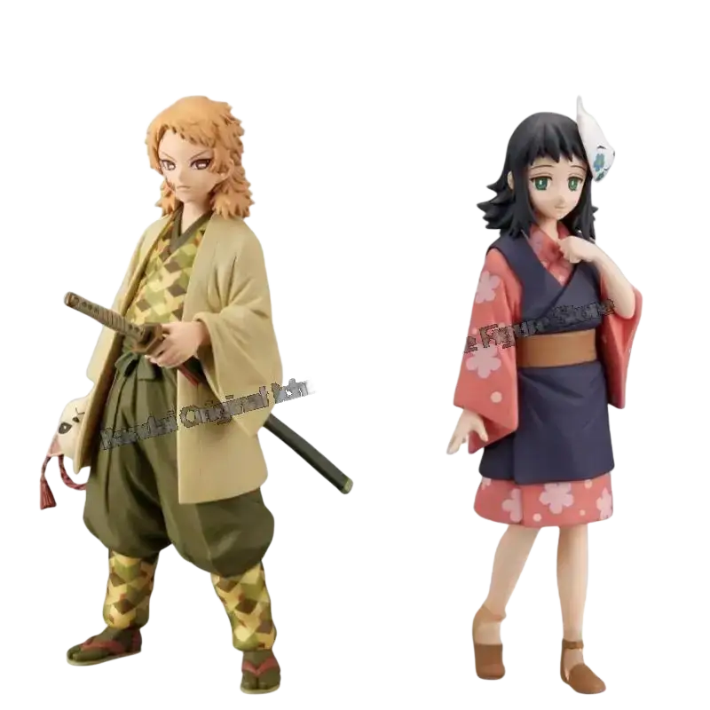 Two detailed pvc anime figurines of sabito makomo tsuyuri and makomo tsuyuri kanao in traditional attire 16cm tall