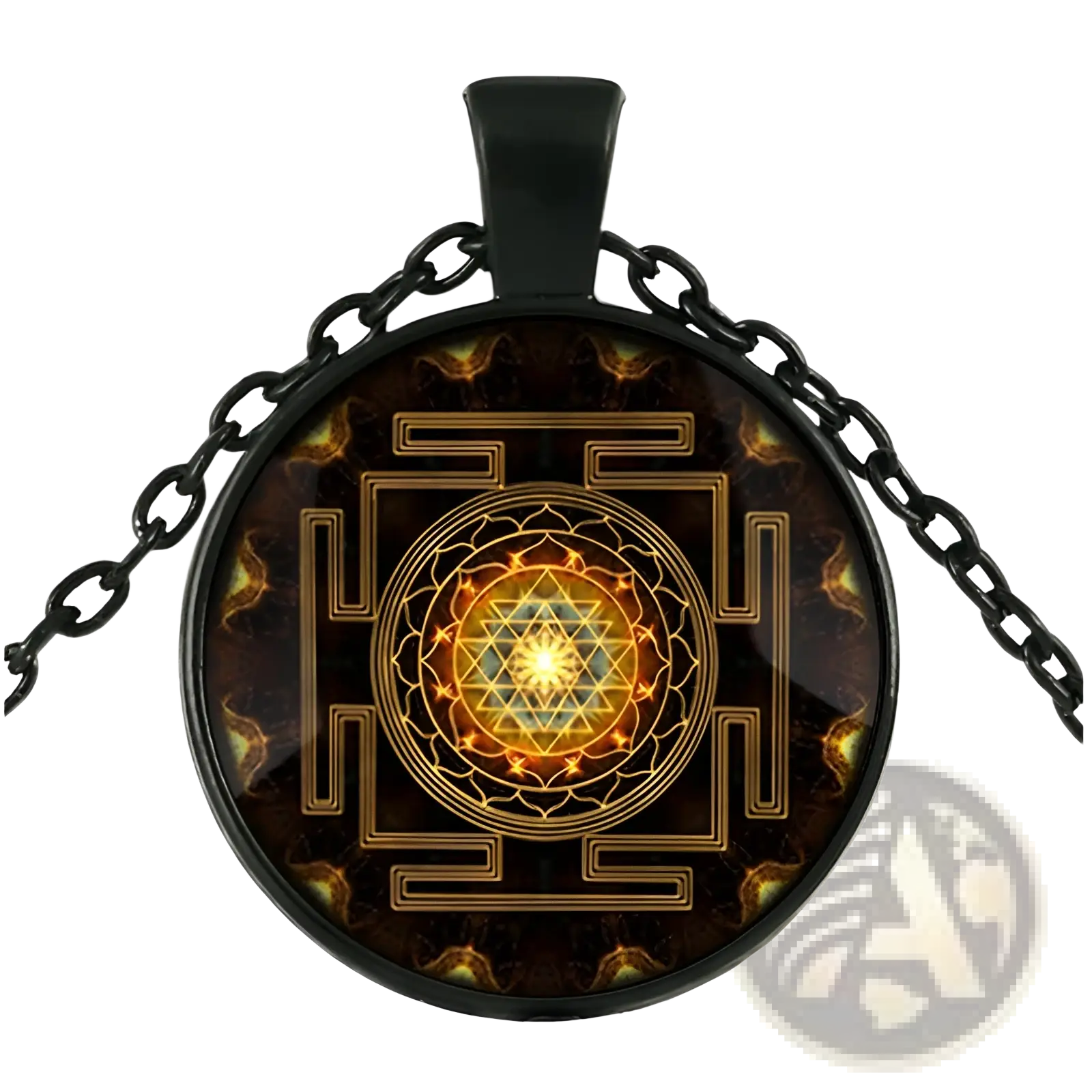 Black chain necklace with circular glass pendant featuring intricate golden sri yantra design on dark background