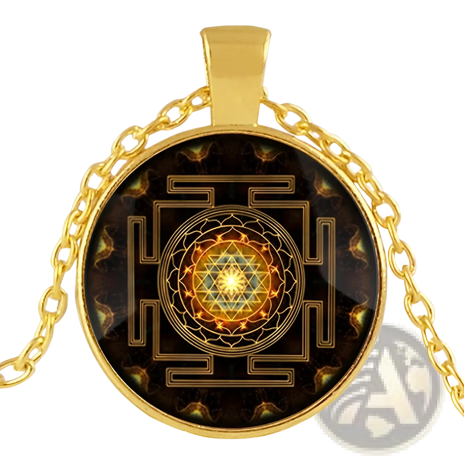 Gold-toned pendant necklace with circular glass cabochon featuring intricate glowing sri yantra design on gold chain