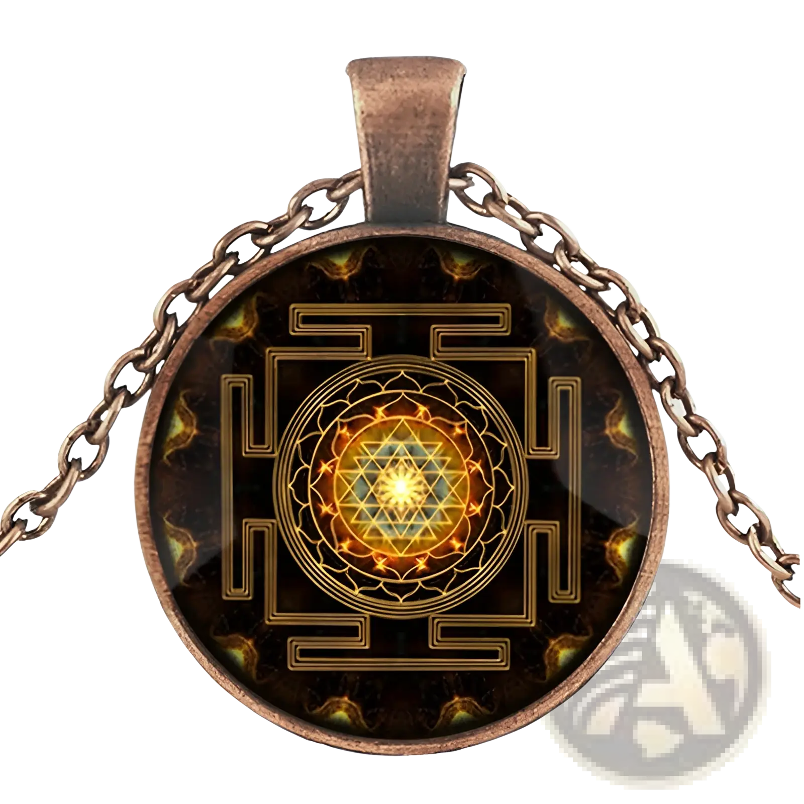 Bronze-toned sacred sri yantra pendant necklace with circular glass cabochon and intricate golden design on dark background