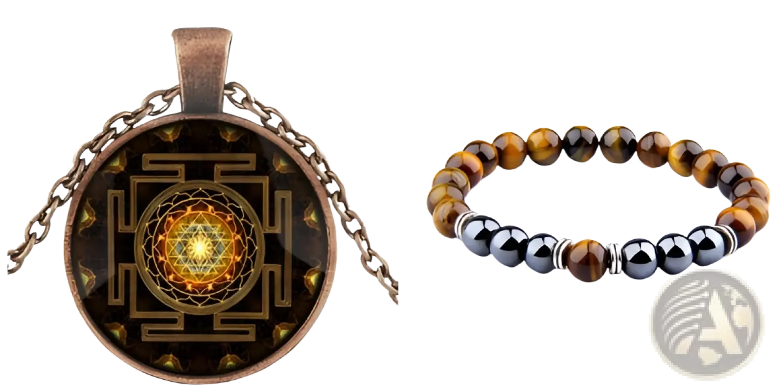 Bronze-framed circular pendant necklace with intricate golden sri yantra design and glowing yellow center on black background