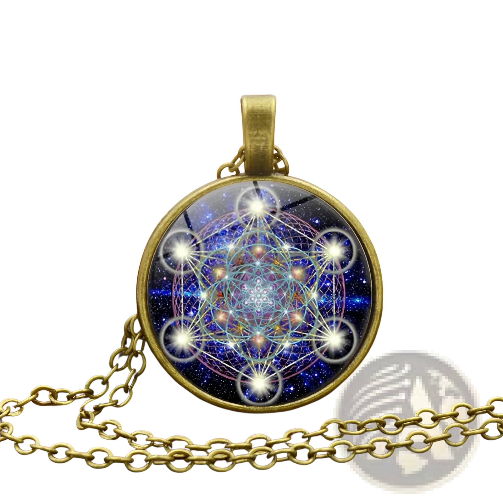 A bronze-toned pendant necklace with a circular glass cabochon featuring a glowing metatron’s cube on a deep blue cosmic background