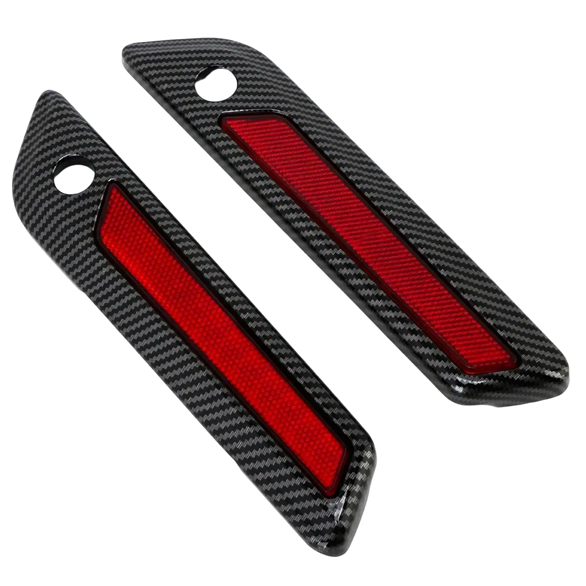 Black carbon fiber saddlebag latch covers with red reflective strips for harley touring 2014 up shown from back side