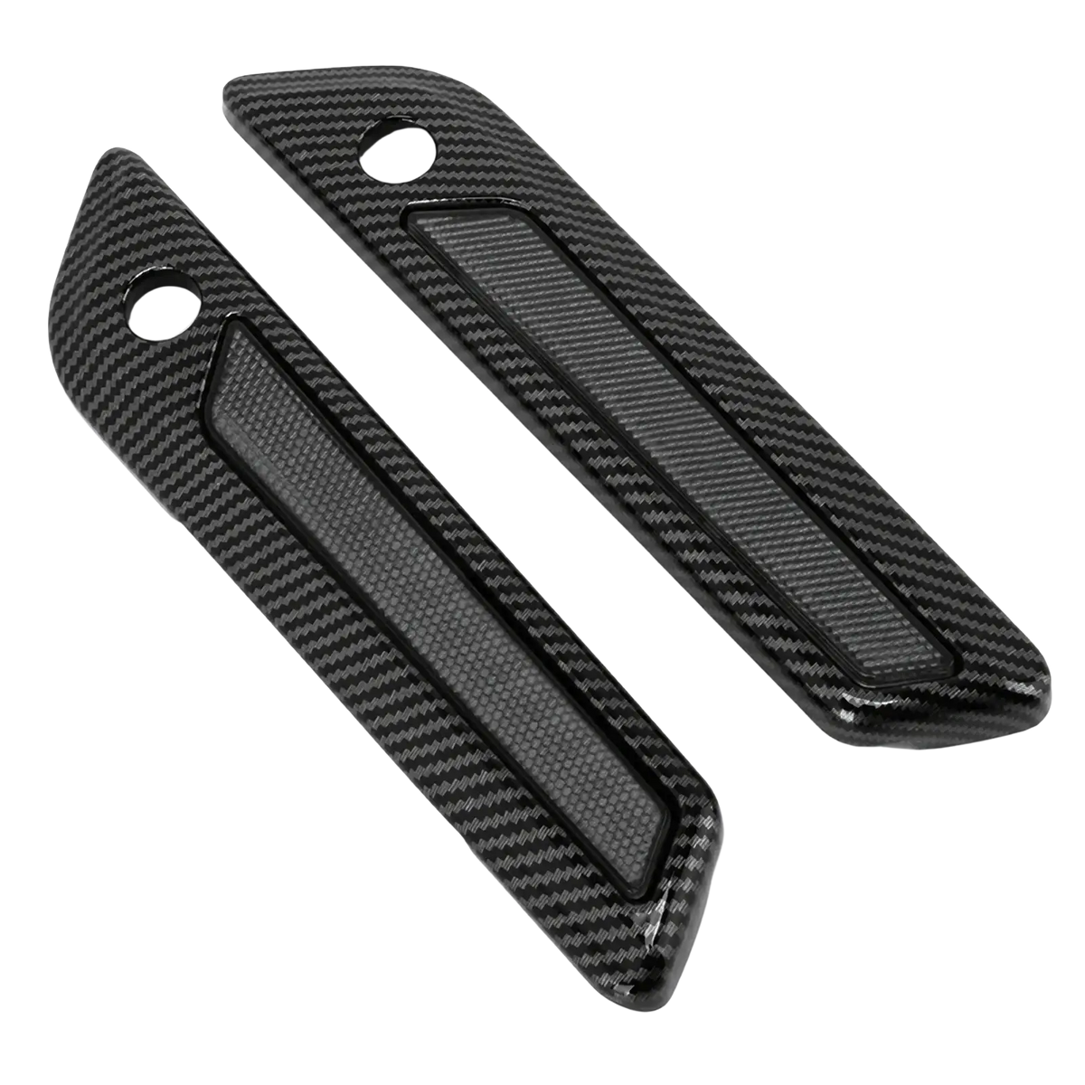 Black carbon fiber saddlebag latch covers for harley touring 2014 up with glossy finish and textured weave pattern