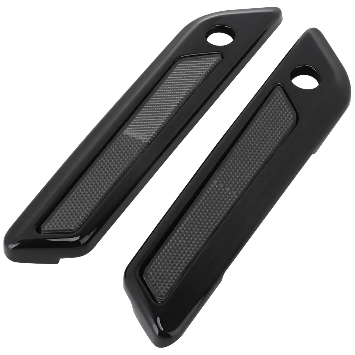 Black glossy motorcycle side mirror covers with carbon fiber textured inserts for harley touring 2014 up