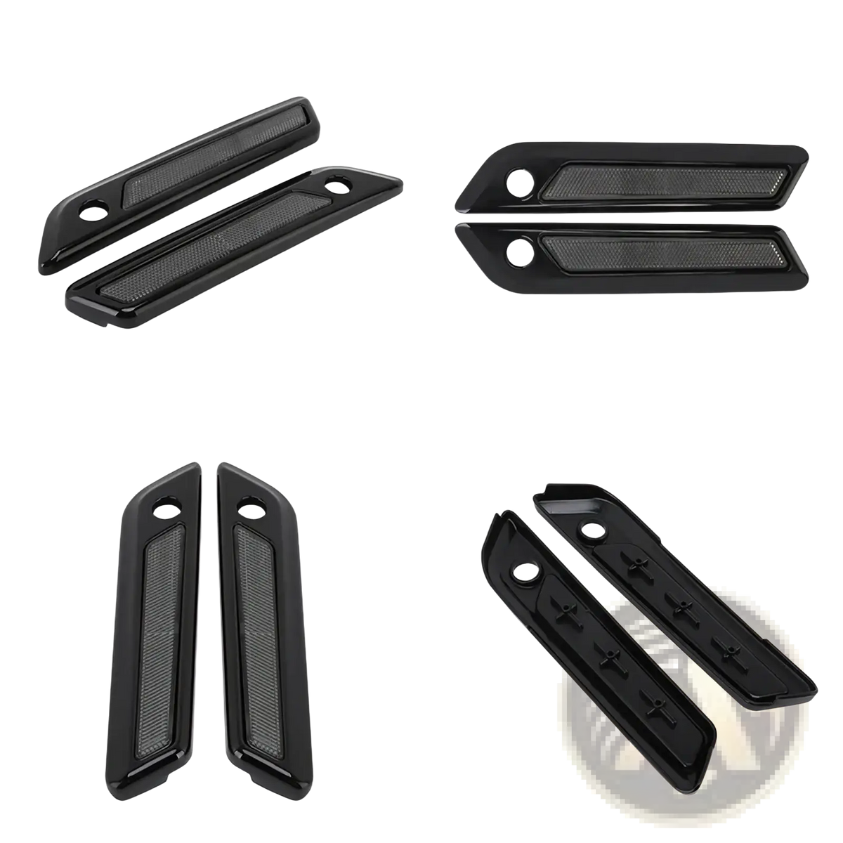 Black plastic saddlebag latch covers with textured reflective inserts for harley touring 2014 up