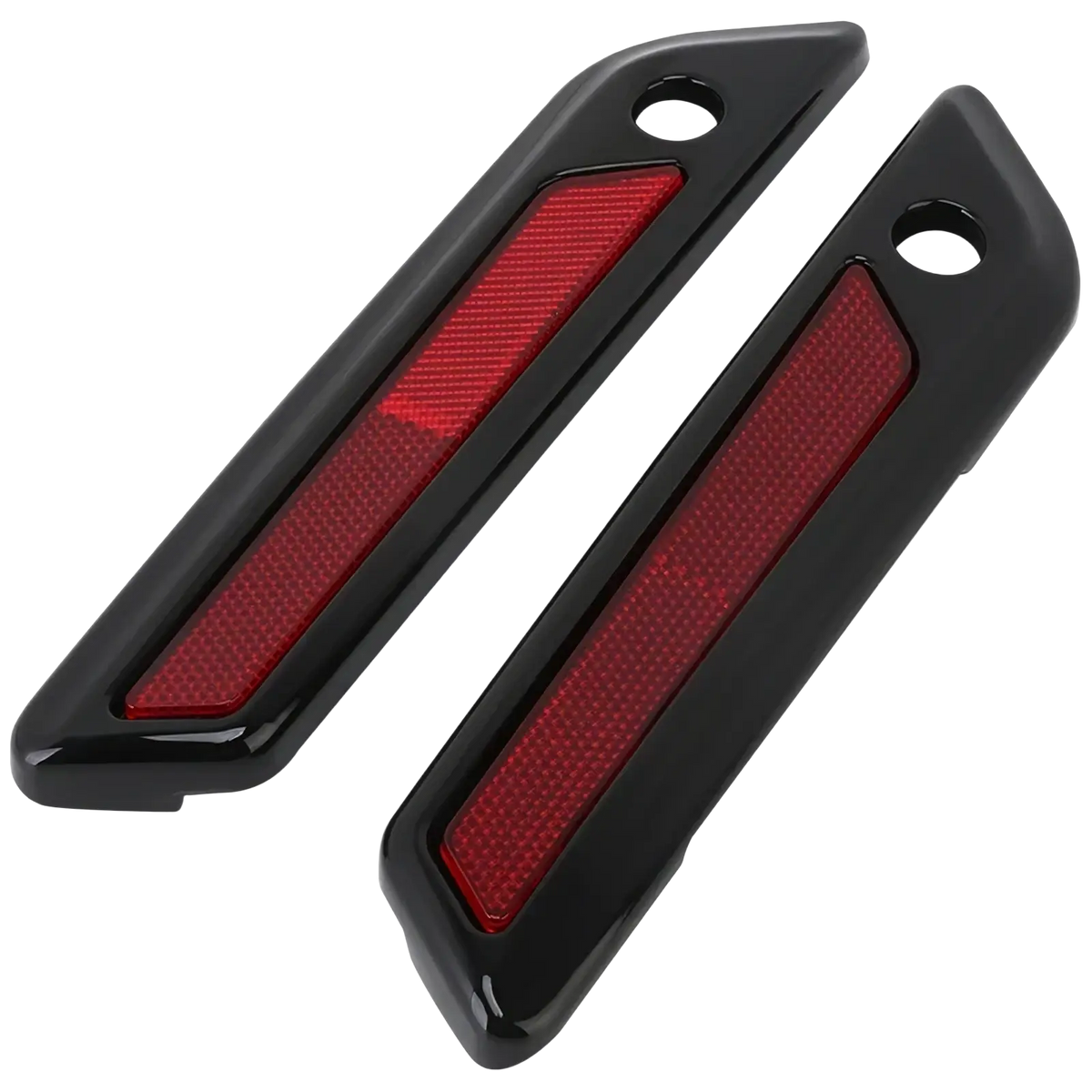 Black plastic saddlebag latch covers with red reflective side marker lights for harley touring 2014 up visible back side