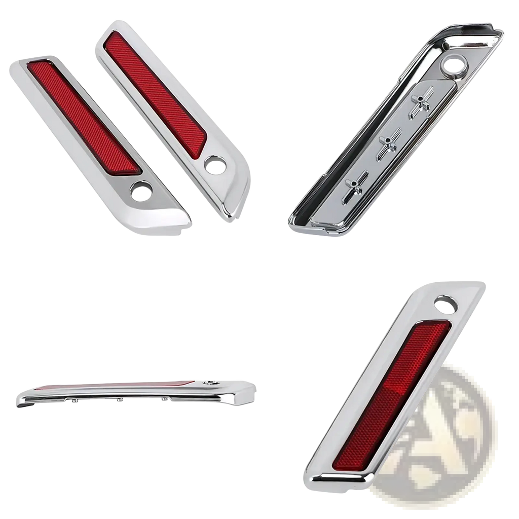 Chrome-finished rectangular tail light bezel with red reflective strip and mounting holes for harley touring 2014 up