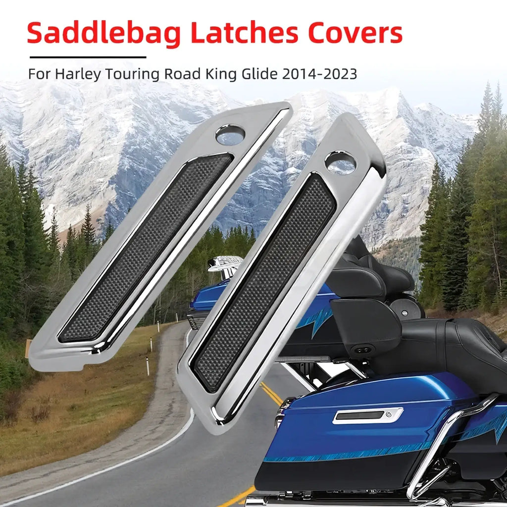 Chrome-finished saddlebag latch covers with black carbon fiber texture for Harley Touring Road King Glide 2014-2023 models