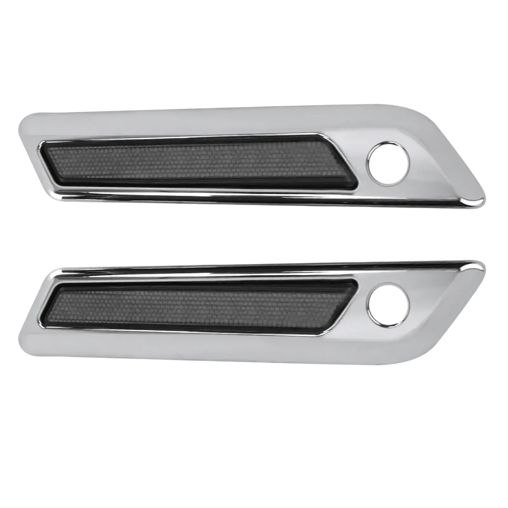 Chrome-finished saddlebag latch covers for harley touring 2014 up with black textured inserts and circular mounting holes
