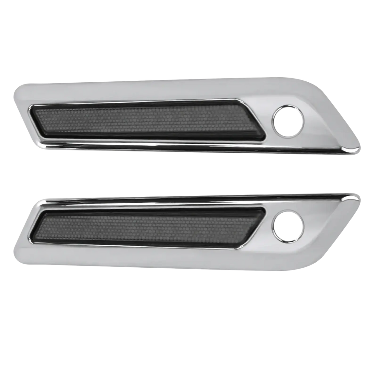 Chrome-finished saddlebag latch covers for harley touring 2014 up with black textured inserts and circular mounting holes