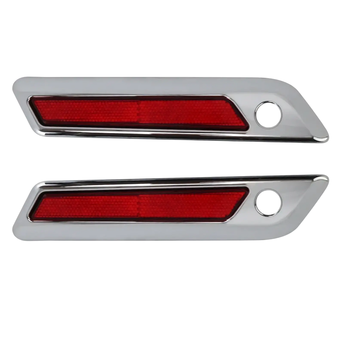 Chrome finished saddlebag latch covers with red translucent side marker lights and circular mounting holes for harley touring 2014 up
