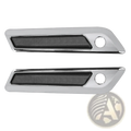 Chrome-finished saddlebag latch covers for harley touring 2014 up with black textured inserts and circular mounting holes