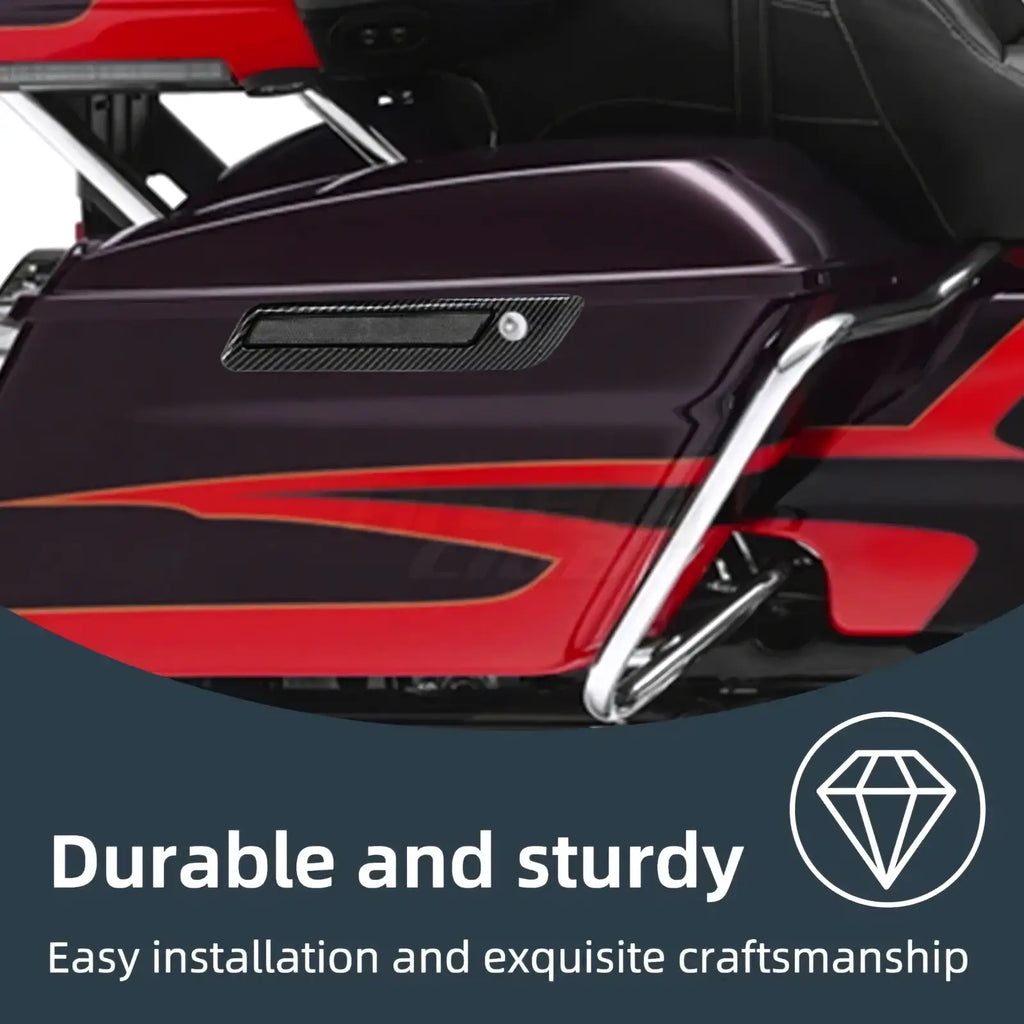 Deep purple motorcycle saddlebag latch covers with bold red flame decals and carbon fiber accent for harley touring 2014 up