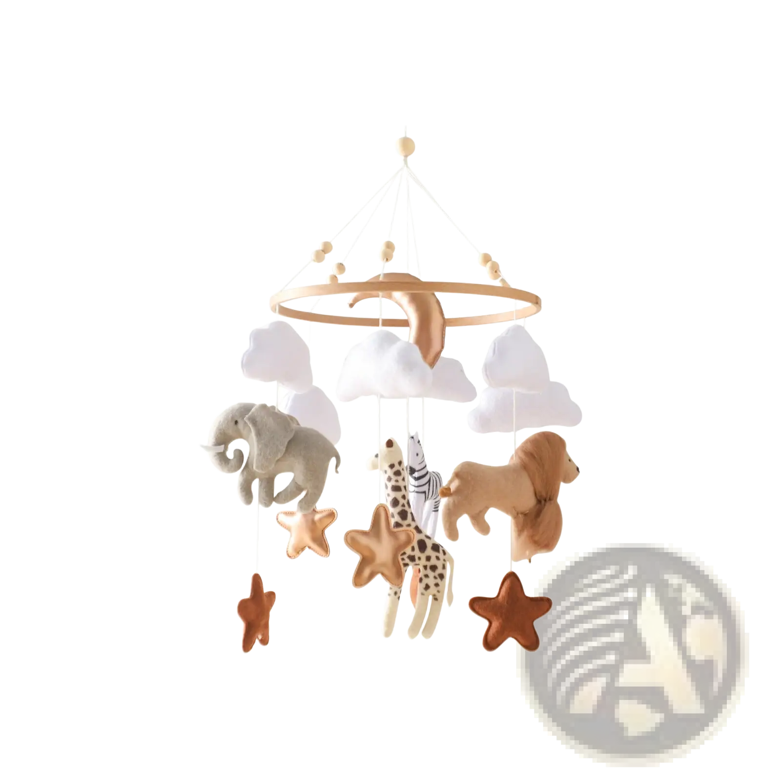 A 52cm tall wooden crib mobile featuring plush beige brown and white safari animals and felt clouds