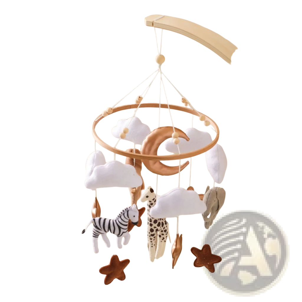 Wooden arc safari animal crib mobile with soft white felt clouds copper-colored moon and plush zebra giraffe elephant