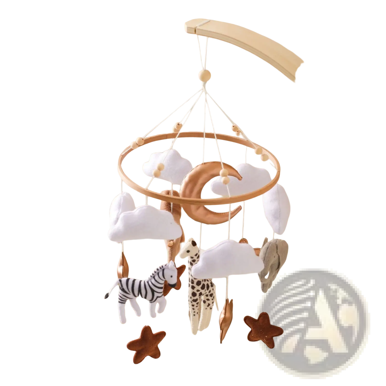 Wooden arc safari animal crib mobile with soft white felt clouds copper-colored moon and plush zebra giraffe elephant