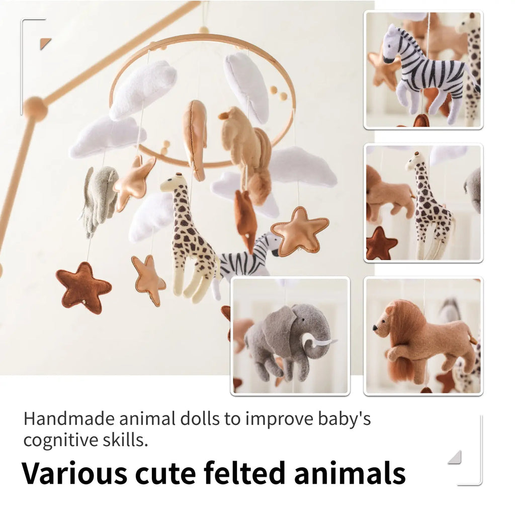 A safari animal wooden crib mobile with soft felted animals in beige brown and gray and felt clouds
