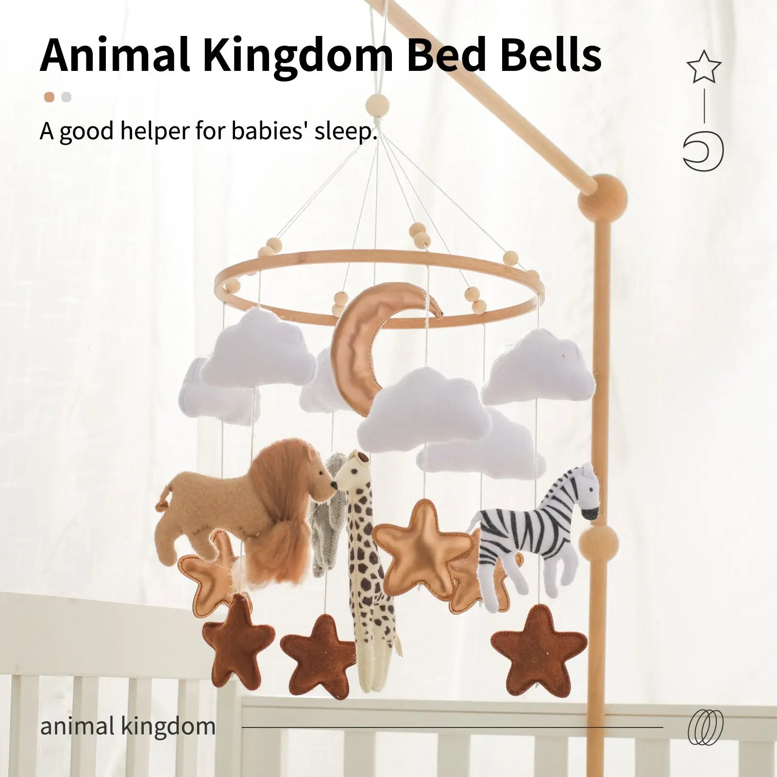 Wooden-framed safari animal crib mobile with plush felt animals clouds and stars in soft beige white brown and black tones