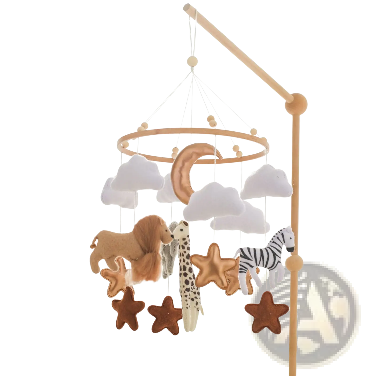 Safari animal wooden crib mobile with felt clouds and plush earthy tone animals and stars hanging above a crib