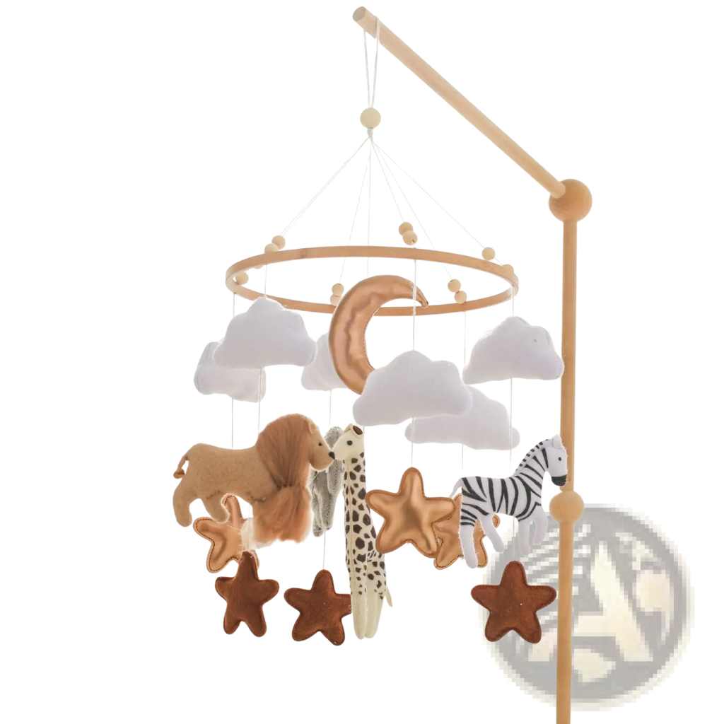 Safari animal wooden crib mobile with felt clouds featuring plush animals and stars in earthy tones hanging above crib