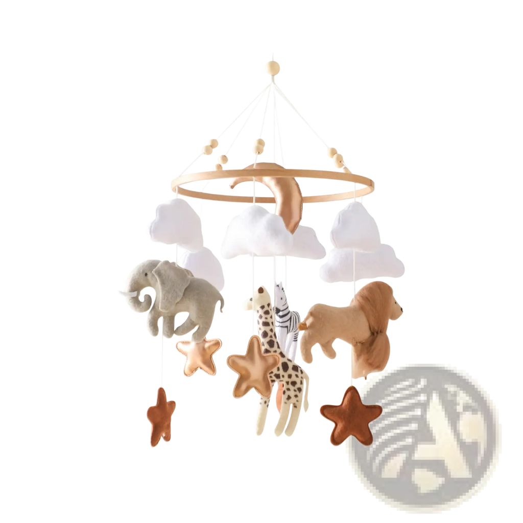 Safari animal wooden crib mobile with soft neutral tones, plush animals, felt clouds, wooden hoop, and hanging stars