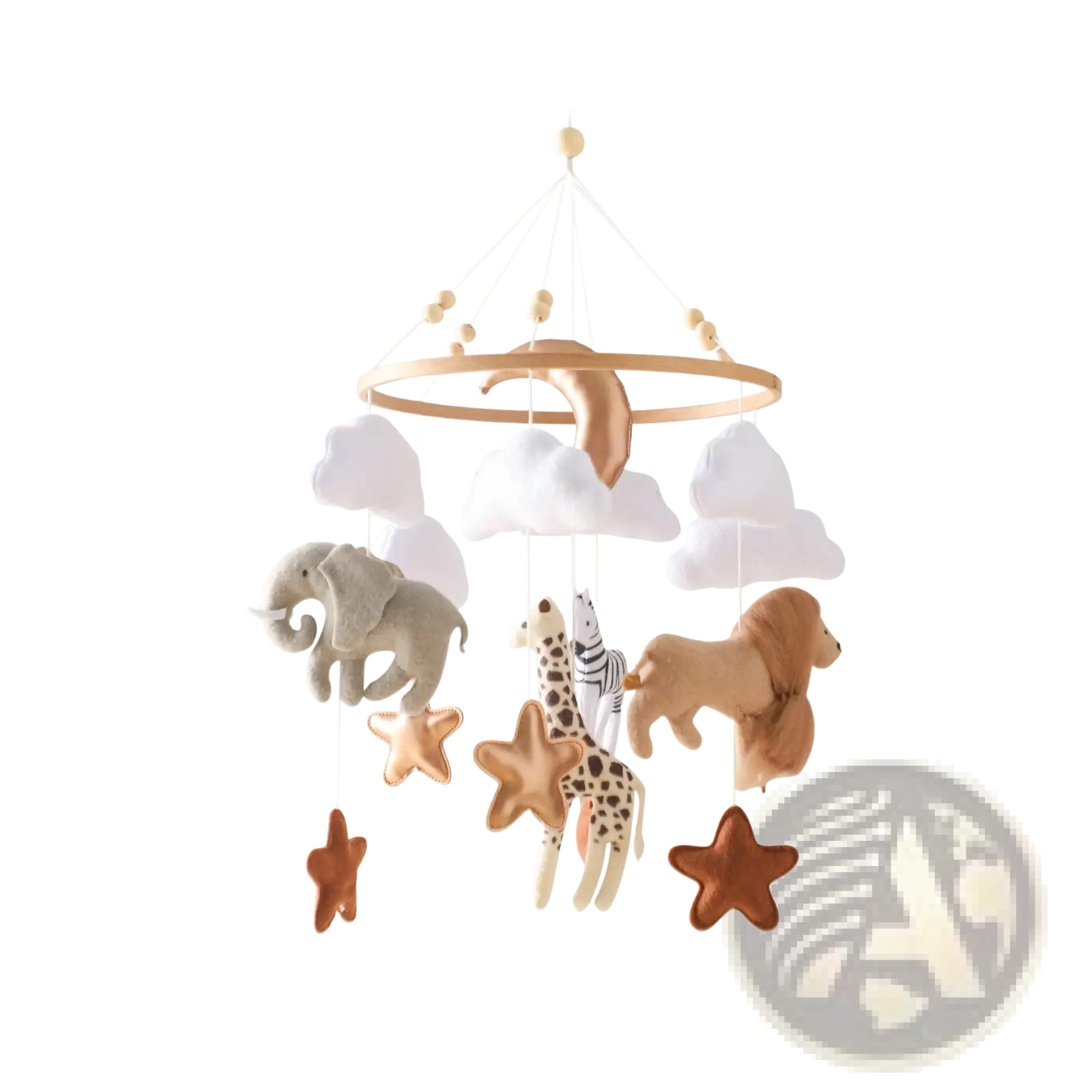 Safari animal wooden crib mobile with soft neutral tones, plush animals, felt clouds, wooden hoop, and hanging stars
